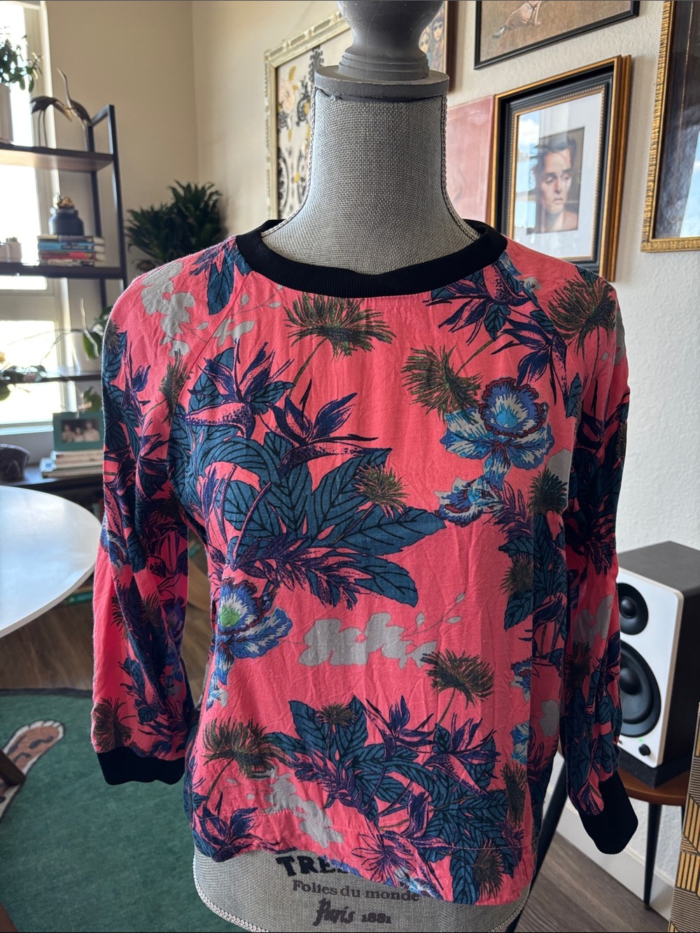 Topshop Coral Floral Crewneck Sweatshirt with Black Trim